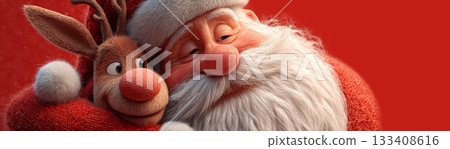 Joyful Santa Claus in Cartoon Style Hugging his Favorite Reindeer on a Bright Red Background - Generative Ai Joyful Santa Claus in Cartoon Style Hugging his Favorite Reindeer on a Bright Red Background - Generative Ai 133408616