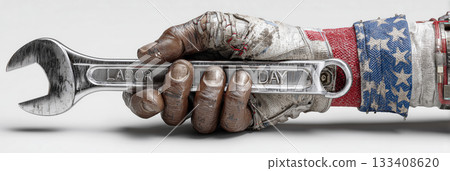 Mechanic Hand Holding Chrome Wrench with Engraved Labor Day Text Isolated on White - Generative Ai 133408620