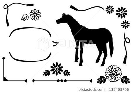 Sideways horse silhouette and design material set Sideways horse silhouette and design material set 133408706