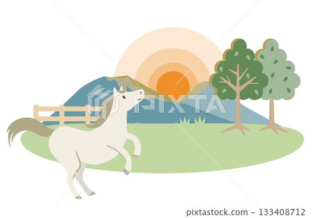 Illustration of a white horse standing and watching the sunrise (sunset) Illustration of a white horse standing and watching the sunrise (sunset) 133408712