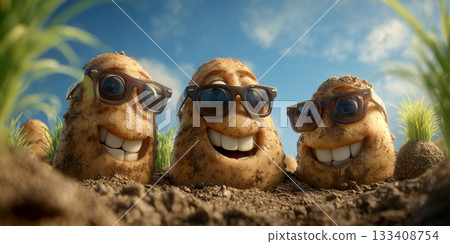 Three Smiling Cartoon Potatoes with Dark Sunglasses Sprouting From Moist Soil - Generative Ai 133408754