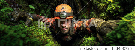Top-Down View of Speleologist Emerging from Dark Abyss of a Cave - Generative Ai 133408756