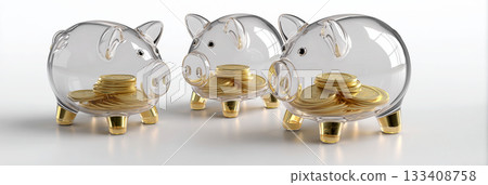Transparent Glass Piggy Banks with Golden Coins Inside on a White Background - Generative Ai 133408758