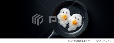 Two Adorable Ghosts Made from Fried Eggs in a Black Cast-Iron Pan - Generative Ai 133408759
