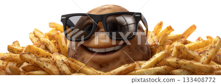 Smiling Potato Character in Sunglasses Surrounded by Crispy Golden French Fries on White Background - Generative Ai 133408772