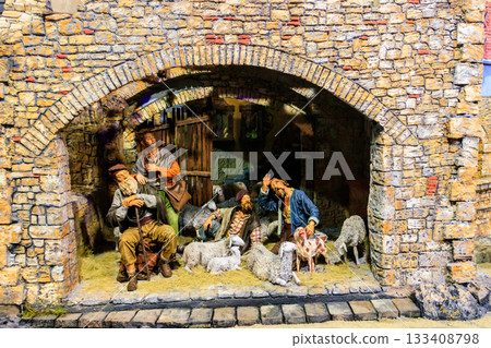 Christmas Nativity Scene. Intricately crafted nativity scene with figurines depicting the birth of Jesus, symbolizing the religious significance of Christmas 133408798