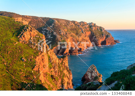 View of the Atlantic Ocean from Cabo da Roca. Cabo da Roca or Cape Roca is westernmost cape of mainland Portugal, continental Europe and the Eurasian land mass 133408848