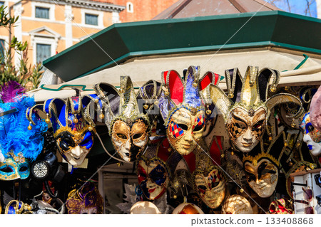 Venetian carnival masks in store display in Venice, Italy 133408868