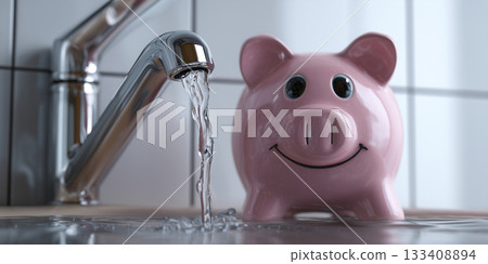Water Conservation Concept with Smiling Piggy Bank and Flowing Faucet - Generative Ai 133408894