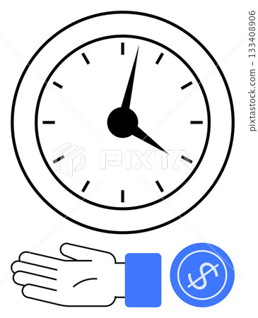 Clock with black hands and markers, hand reaching out, blue dollar symbol. Ideal for time management, financial planning, efficiency, productivity, punctuality investment business strategy. Line 133408906