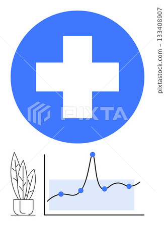 Blue cross symbol potted plant and graph line with data points conveying health, wellness, growth, data analysis, sustainability, medical progress, healing. Ideal for health-focused designs. Line 133408907