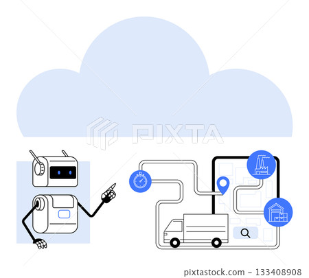 Robot pointing at a truck route with stopwatch location pin magnifying glass, and factory icons. Ideal for technology, logistics, automation, cloud computing, AI, transportation, efficiency. Line 133408908