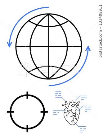 Globe surrounded by arrows, a target reticle, and a heart with circuit-thumbs up lines. Ideal for globalization, healthcare, technology, targeting, connectivity, health innovations future concepts Globe surrounded by arrows, a target reticle, and a heart with circuit-thumbs up lines. Ideal for globalization, healthcare, technology, targeting, connectivity, health innovations future concepts 133408911