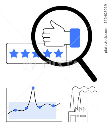 Magnifying glass thumbs up star rating line graph, factory icon. Ideal for business growth, feedback, data analysis, performance metrics, customer satisfaction, industrial progress, strategic 133408919