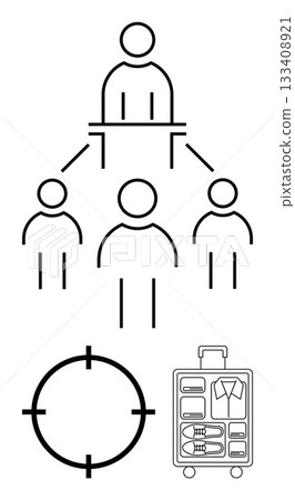 Group leader directing team members, target scope, and organized luggage highlights leadership, target setting, business travel. Ideal for management, goals, travel plans, team structure 133408921
