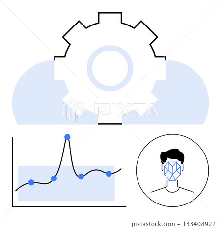 Gear in cloud analytics graph facial recognition symbol. Ideal for tech, innovation, data science, AI, cloud solutions, automation, analysis. Line metaphor 133408922