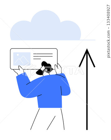 Person holding an image while an upward arrow indicates uploading to a cloud. Ideal for data transfer, cloud storage, digital archiving, online sharing, tech services, internet communication Person holding an image while an upward arrow indicates uploading to a cloud. Ideal for data transfer, cloud storage, digital archiving, online sharing, tech services, internet communication 133408927