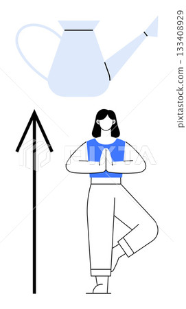 Woman in tree pose beneath a watering can and an upward arrow. Ideal for wellness, self-care, personal growth, balance, meditation, mindfulness, lifestyle. Line metaphor 133408929