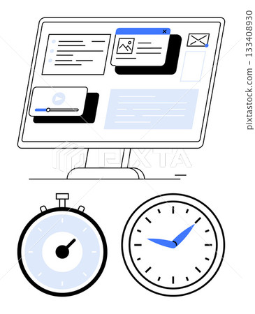 Computer monitor with various digital content screens stopwatch and clock. Ideal for time management, productivity, online work, scheduling, task tracking, efficiency, organization. Line metaphor Computer monitor with various digital content screens stopwatch and clock. Ideal for time management, productivity, online work, scheduling, task tracking, efficiency, organization. Line metaphor 133408930