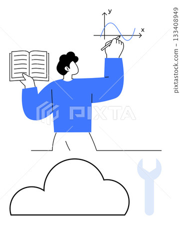 Man in blue sweater analyzing a graph with an open book, standing near a cloud and wrench. Ideal for education, data analysis, cloud computing, mathematics, tools, research, and technology themes 133408949