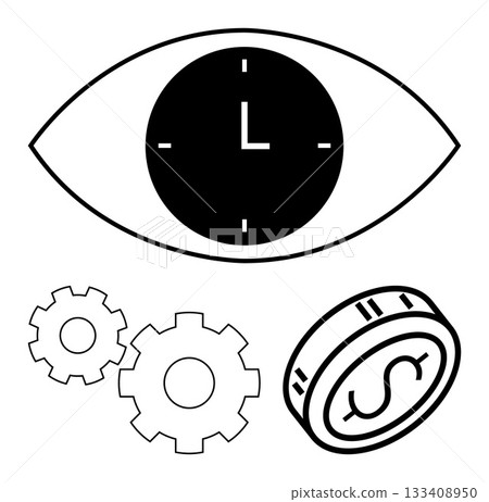 Eye with integrated clock, two gears, and a coin with a dollar sign. Ideal for time management, productivity, financial planning, business efficiency, engineering, economics and technological 133408950