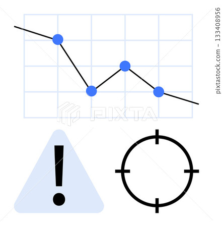 Business graph with downward trend line, highlighted nodes, warning sign, and target icon. Ideal for risk management, strategy development, business analysis, investment, forecasting planning Business graph with downward trend line, highlighted nodes, warning sign, and target icon. Ideal for risk management, strategy development, business analysis, investment, forecasting planning 133408956
