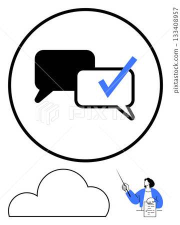 Speech bubbles, checklist within circle. Below, a cloud icon and person with documents. Ideal for communication, cloud storage, online business, team collaboration, digital documentation task 133408957