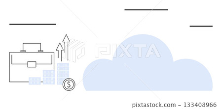 Briefcase beside stacked coins and upward arrow indicating growth. Large cloud shape representing cloud computing. Ideal for business, finance, technology, investment, data storage, analytics, cloud 133408966