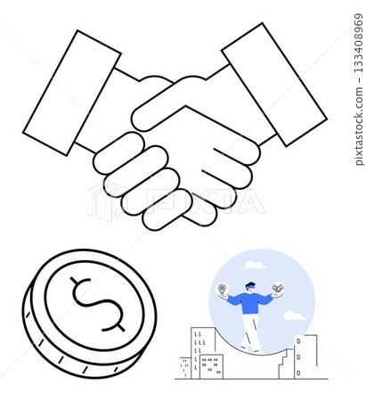 Handshake, large coin with dollar symbol, confident person balancing coin and bill while standing on rooftops. Ideal for business, finance, partnership, success, trust investments growth. Line Handshake, large coin with dollar symbol, confident person balancing coin and bill while standing on rooftops. Ideal for business, finance, partnership, success, trust investments growth. Line 133408969