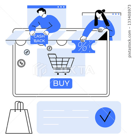 Two people highlight cashback and discount icons on a giant shopping cart interface with a buy button. Ideal for online shopping, e-commerce, digital marketing, discounts, promotions, sales Two people highlight cashback and discount icons on a giant shopping cart interface with a buy button. Ideal for online shopping, e-commerce, digital marketing, discounts, promotions, sales 133408973