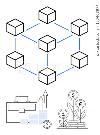 Network of cubes connected with blue lines below, briefcase and growth arrows, and a plant with currency symbols. Ideal for blockchain, finance, business strategy, technology, investment, economic Network of cubes connected with blue lines below, briefcase and growth arrows, and a plant with currency symbols. Ideal for blockchain, finance, business strategy, technology, investment, economic 133408974