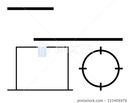 Black horizontal lines, a rectangle with a blue rectangle on top, and a circle with crosshairs. Ideal for mathematics, design concepts, geometry, game design, targeting education abstract art. Line Black horizontal lines, a rectangle with a blue rectangle on top, and a circle with crosshairs. Ideal for mathematics, design concepts, geometry, game design, targeting education abstract art. Line 133408978