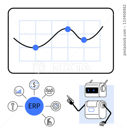 Graph with three blue points, surrounded by circle with business icons linked to ERP, and robot pointing to the diagram. Ideal for business planning, strategy, data analysis, automation, technology 133408982