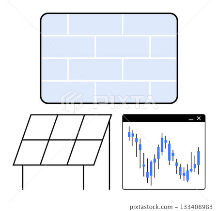 Solar panel, stock market chart, and brick wall emphasizing renewable energy, financial analysis, and construction. Ideal for sustainability, finance, architecture, investment technology economic Solar panel, stock market chart, and brick wall emphasizing renewable energy, financial analysis, and construction. Ideal for sustainability, finance, architecture, investment technology economic 133408983