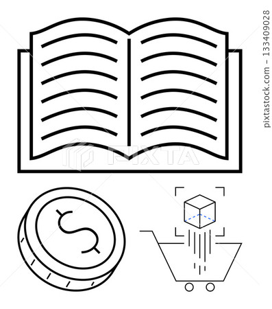 Open book with pages, a coin with dollar sign, and a shopping cart containing a cube. Ideal for education, finance, e-commerce, business, economics knowledge innovation. Line metaphor Open book with pages, a coin with dollar sign, and a shopping cart containing a cube. Ideal for education, finance, e-commerce, business, economics knowledge innovation. Line metaphor 133409028