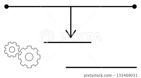 Black horizontal line with arrow pointing downward toward two horizontal lines and two gears on the left. Ideal for business, workflow visualization, process management, automation, operations 133409031