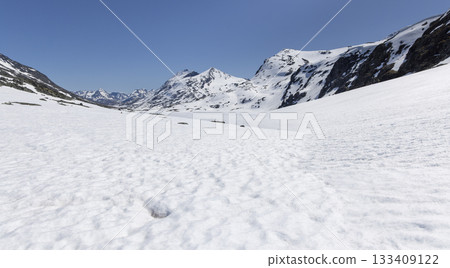 Stunning snowy landscape at Leirvassbu in Leirdalen, Jotunheimen National Park during a clear day Stunning snowy landscape at Leirvassbu in Leirdalen, Jotunheimen National Park during a clear day 133409122