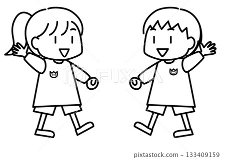 線條畫插圖,描繪的是面帶微笑的孩子揮手道別。 線條畫插圖,描繪的是面帶微笑的孩子揮手道別。 133409159