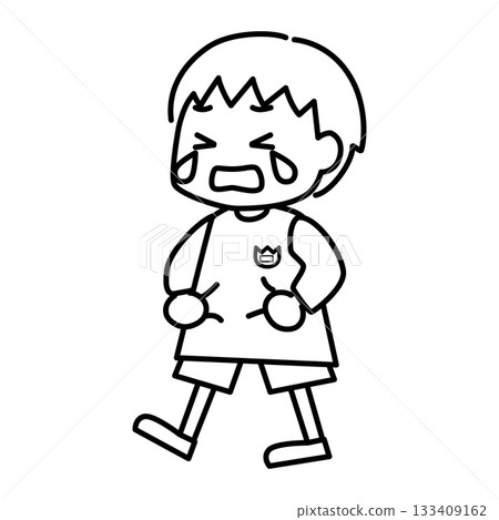 一幅男孩(短髮)邊走邊大聲哭泣的線條畫 一幅男孩(短髮)邊走邊大聲哭泣的線條畫 133409162