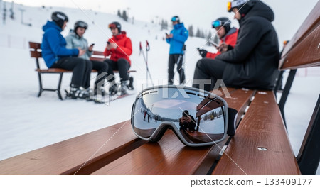 Ski goggles on snowy bench with people skiing and socializing at winter resort. concept of winter sports, social gathering, outdoor adventure 133409177