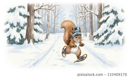 Animated squirrel snowshoeing through snowy forest in winter wonderland. concept of winter adventure, cute woodland creature, playful snow scene 133409178