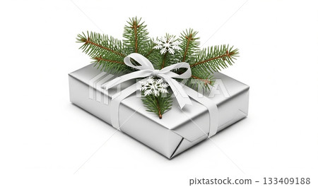 Silver gift box with white ribbon, spruce branch, and snowflakes on top. Christmas present for New Year and Winter holiday season 133409188