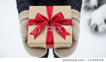 Woman with warm mittens holding a beautifully wrapped gift box with red ribbon on Winter day. Concept of giving and celebration for Christmas holiday. 133409189