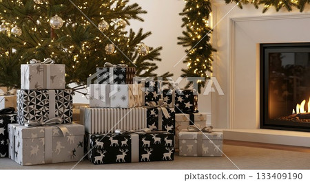 Christmas presents under decorated tree with fireplace. Festive celebration with gift box for holiday. Winter decor with warm light for greeting card. Christmas presents under decorated tree with fireplace. Festive celebration with gift box for holiday. Winter decor with warm light for greeting card. 133409190