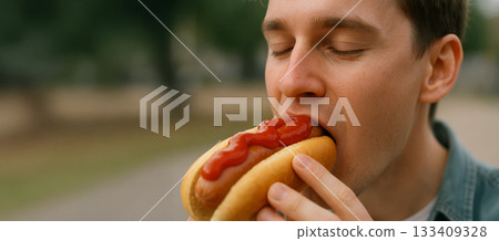 Man eating hot dog outdoor with eyes closed, enjoying savory street food. Fast food meal for casual dining, snack or lunch. banner, copy space 133409328