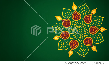 Indian mandala pattern with diya lamps on green. Traditional Diwali festival and spiritual celebration backdrop for greeting card design. banner, copy space 133409329