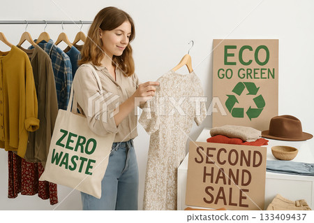 Woman choosing dress at second hand sale. Recycling and sustainable fashion concept. Zero waste, eco green, and circular economy. 133409437