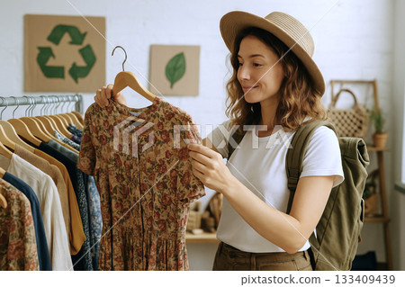 Woman looking at dress in a second hand shop to make sustainable fashion choice. Concept of circular economy and mindful consumption for ecology. 133409439