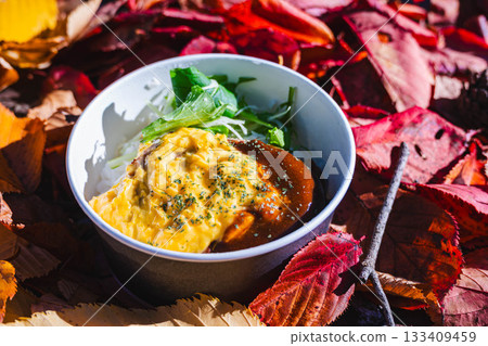 Loco moco rice bowl eaten outdoors 133409459