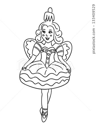 Christmas ballerina doll with decorative dress, heart details and wings in a hand-drawn outline. The concept conveys festive charm, fantasy, elegance and cheerful holiday spirit Christmas ballerina doll with decorative dress, heart details and wings in a hand-drawn outline. The concept conveys festive charm, fantasy, elegance and cheerful holiday spirit 133409529
